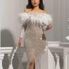 2025 Gold Feather Split Evening Gown - Sexy European & American Style Women's Dress