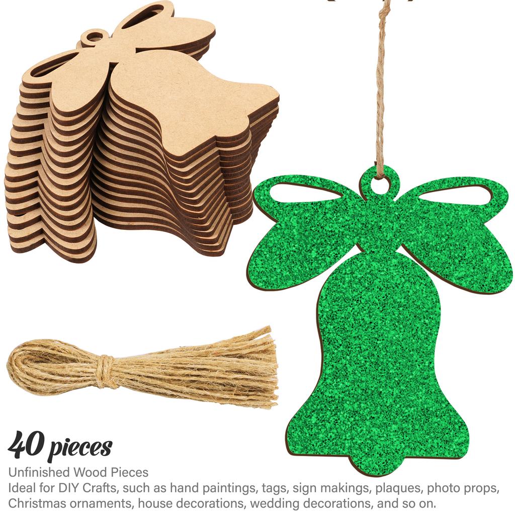 Inkdotpot 40pcs Bell Wooden Ornament with Holes 3.5" Unfinished Predrilled Natural Wood Slices for Crafts Wooden DIY Christmas Ornaments Hanging Ropes