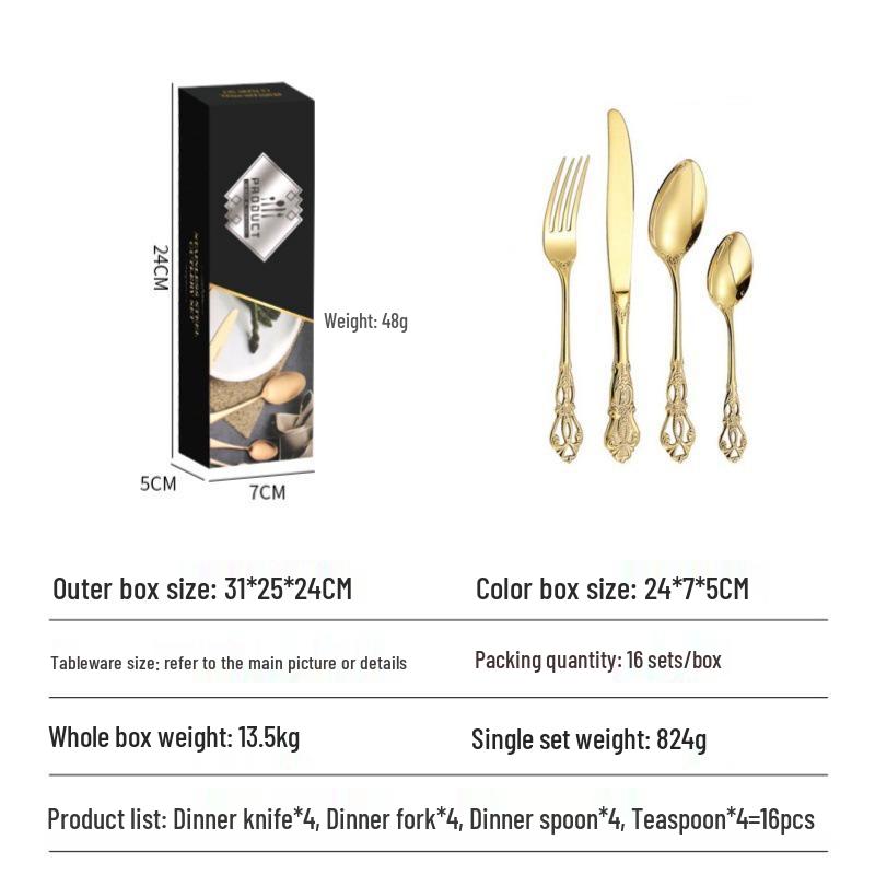 Royal Court 24-Piece Stainless Steel Cutlery Set - Embossed Hollow Steak Knives, Forks, and Spoons