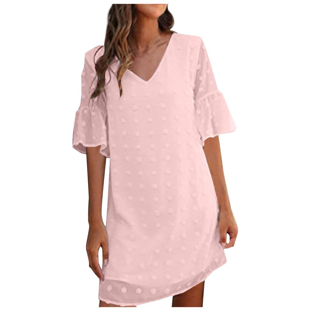 Women's  Small Fresh Casual Solid Color Loose Straight Trumpet Short-sleeved Jacquard-chiffon Stitching V-neck Dress