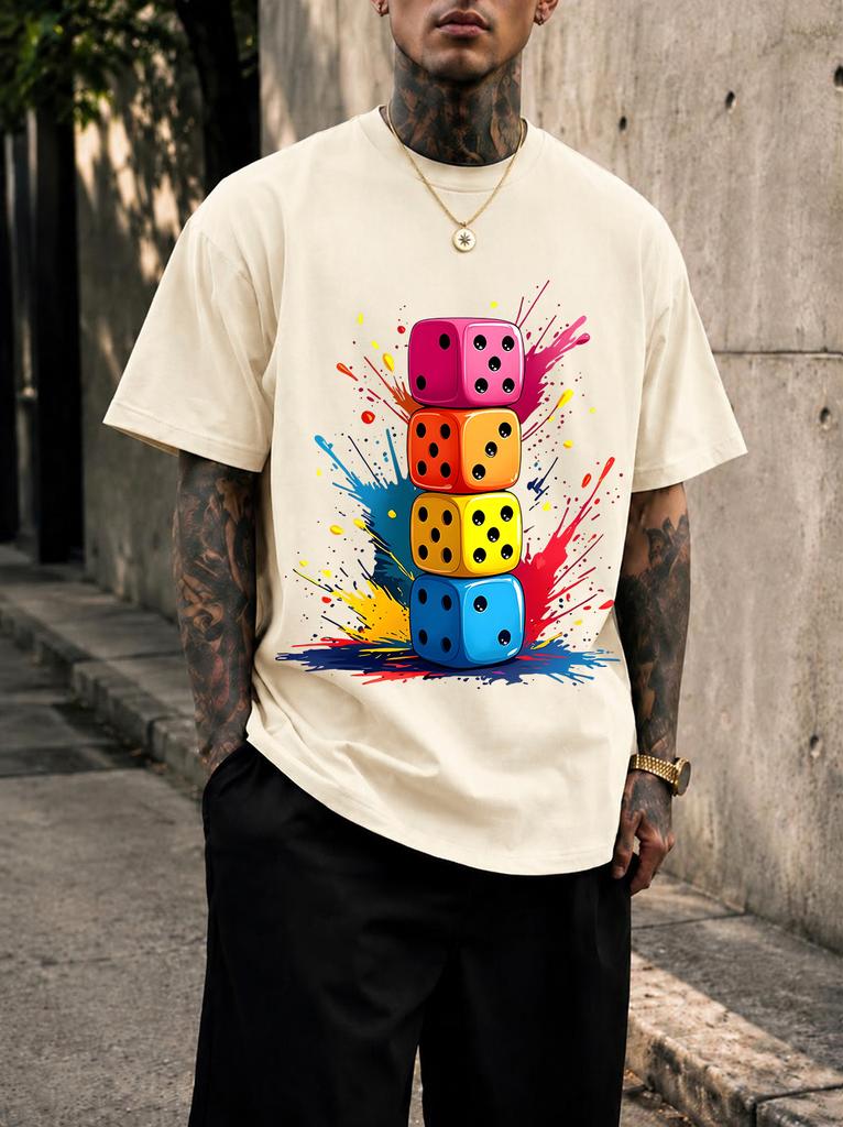 2026 New Pure Cotton Tshirt With Colorful Stacked Dice Ink Splash Graffiti Print Crew Neck Short Sleeve Casual Top