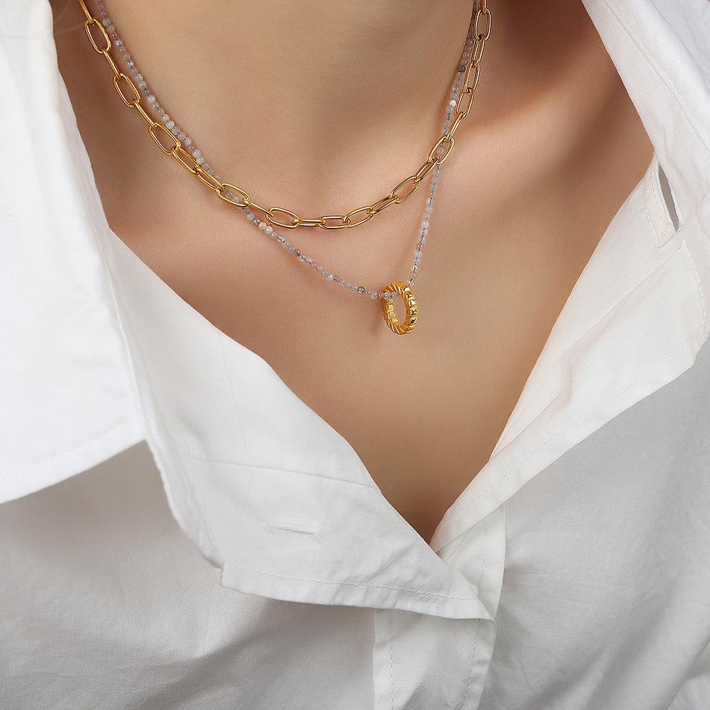 Fashionable Niche Titanium Steel Gold-plated Ring Pendant Handmade Bead Double Layered Necklace Jewelry for Women