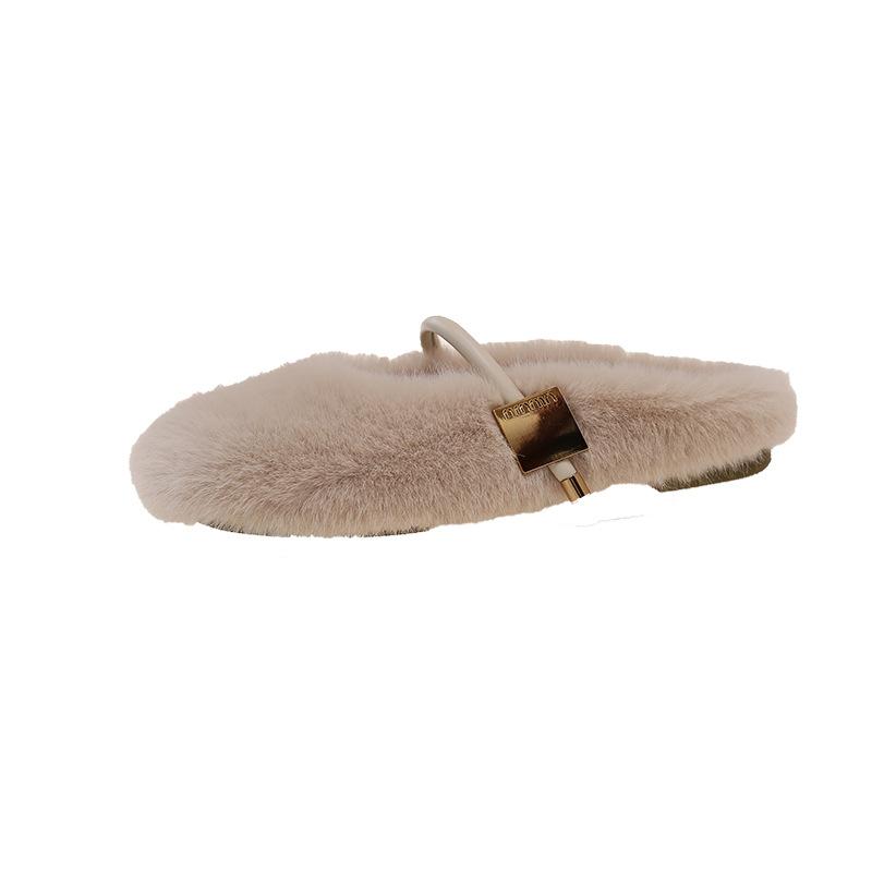 Retro Simple Fluffy Shoes for Women 2025 Winter Wear Flat-bottomed One-pedal Beanie Shoes for Women, Velvet Versatile Cotton Slippers for Women