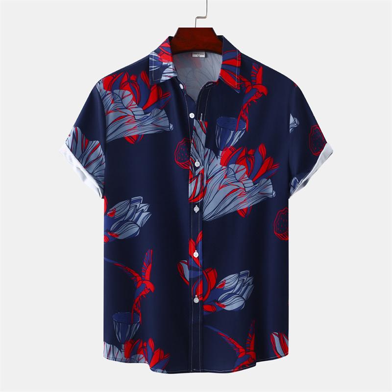 Hawaiian Shirt Men Summer Short Sleeves Tops Beach Street Lapel Blouse Male Clothes