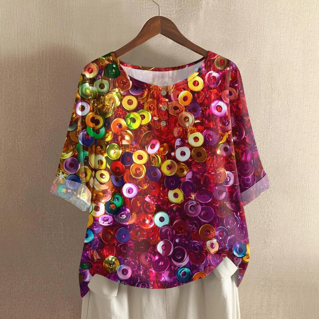 Women's Carnival Printed Casual Mid Sleeve Round Neck Cotton And Hemp Top