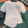 Μπλουζάκι T-Shirt Μεγάλο Μέγεθος με Ροζ Λουλούδι, Κοντό Μανίκι, Ζώνη με Πτυχές, Καλοκαιρινό Trend Top για Γυναίκες