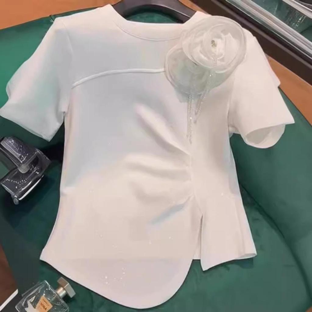 Μπλουζάκι T-Shirt Μεγάλο Μέγεθος με Ροζ Λουλούδι, Κοντό Μανίκι, Ζώνη με Πτυχές, Καλοκαιρινό Trend Top για Γυναίκες