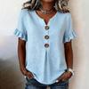 Women V Neck Short Sleeve Casual Solid T Shirt Top with Ruffle Sleeves and Button Front Loose Fit Blouse for Daily Wear