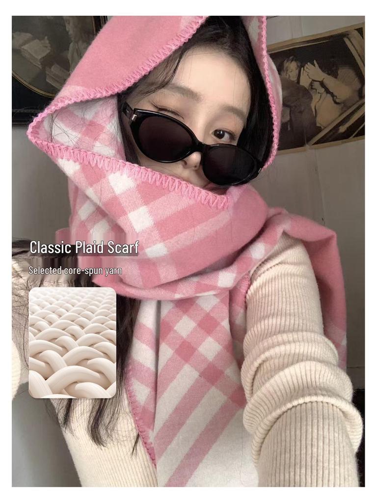 Korean Retro Pink Plaid Scarf for Women - Warm Autumn/Winter Neck Protection Shawl