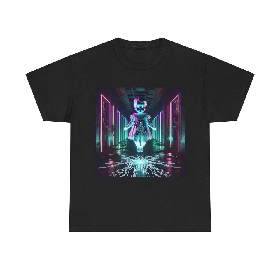 Unisex Adult T Shirt Haunted Porcelain Doll Neon Arcade S