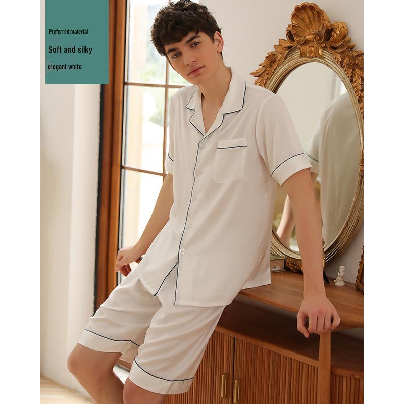 Dream Silk Brocade Summer Ice Silk Pajama Set: Unisex Short Sleeve Two-Piece with Loose Grid Pattern