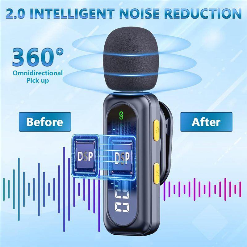 ABNR Professional Wireless Lavalier Microphone System With Smart Noise Reduction LED Power Display For Live Streaming Vlog