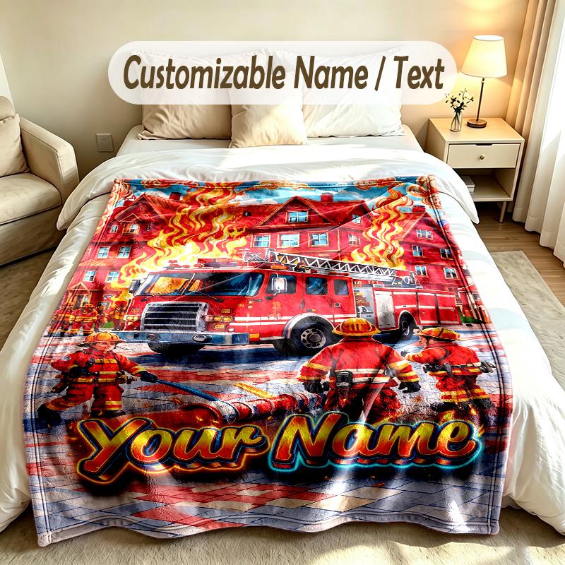 Fire Truck Theme Custom Blanket Personalized Name & Text Customized Soft Warm Throw Blanket Home Decor