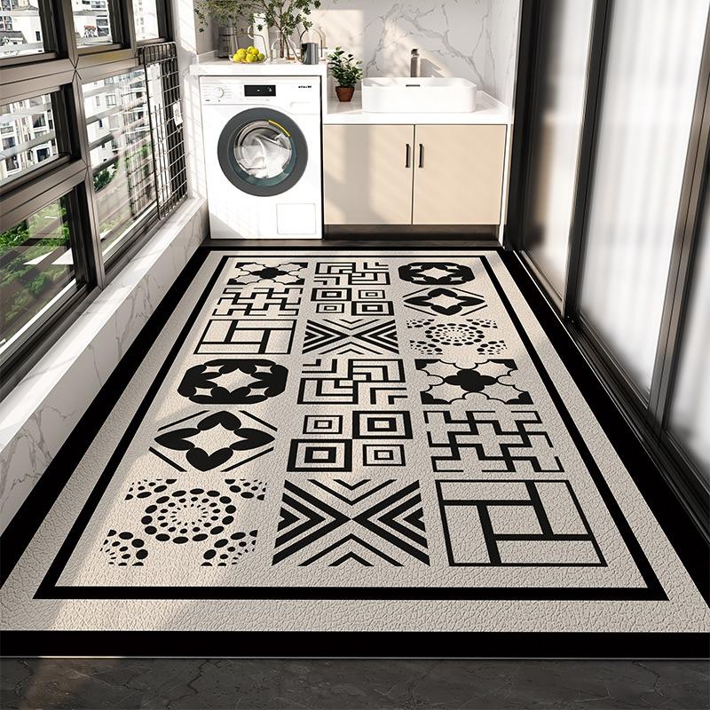 PVC Balcony Rug Waterproof Non-slip Leather Floor Mat Long Strip Large Area Carpet Black White Modern Art Style Decorative Rugs