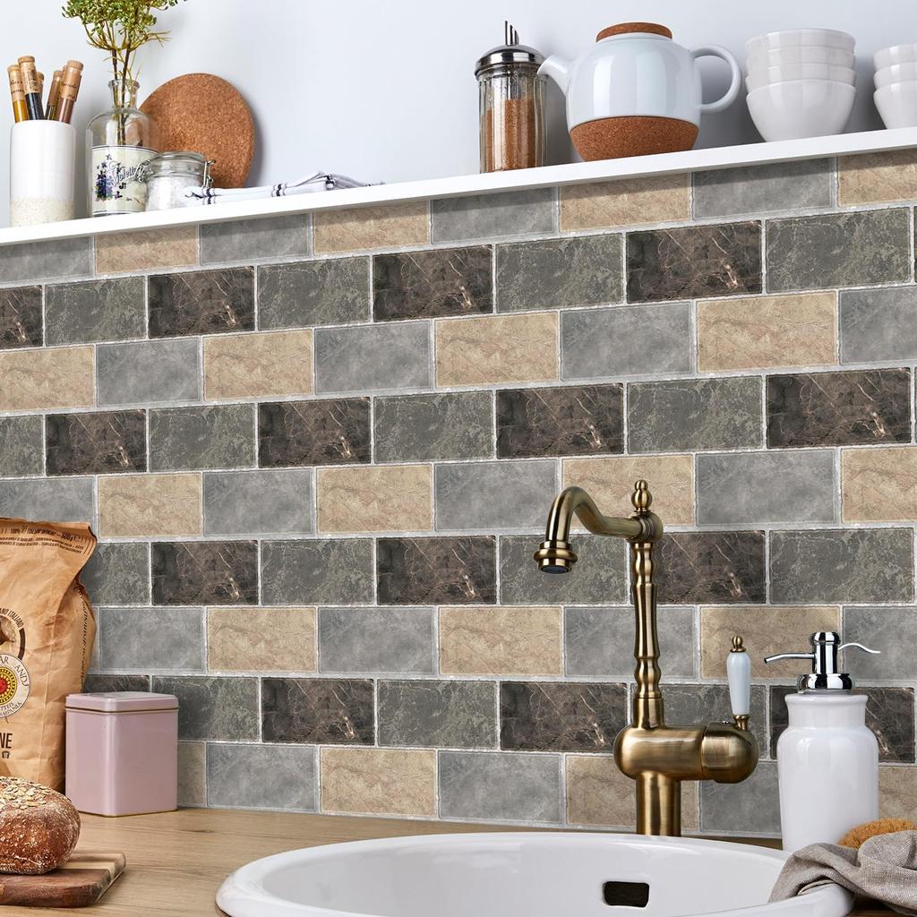 15PCS PVC Removable Floor Tile Stickers Self-Adhesive 5.91 x 11.81 inch Tile Decals Peel and Stick Backsplash Wallpaper Decoration for Kitchen