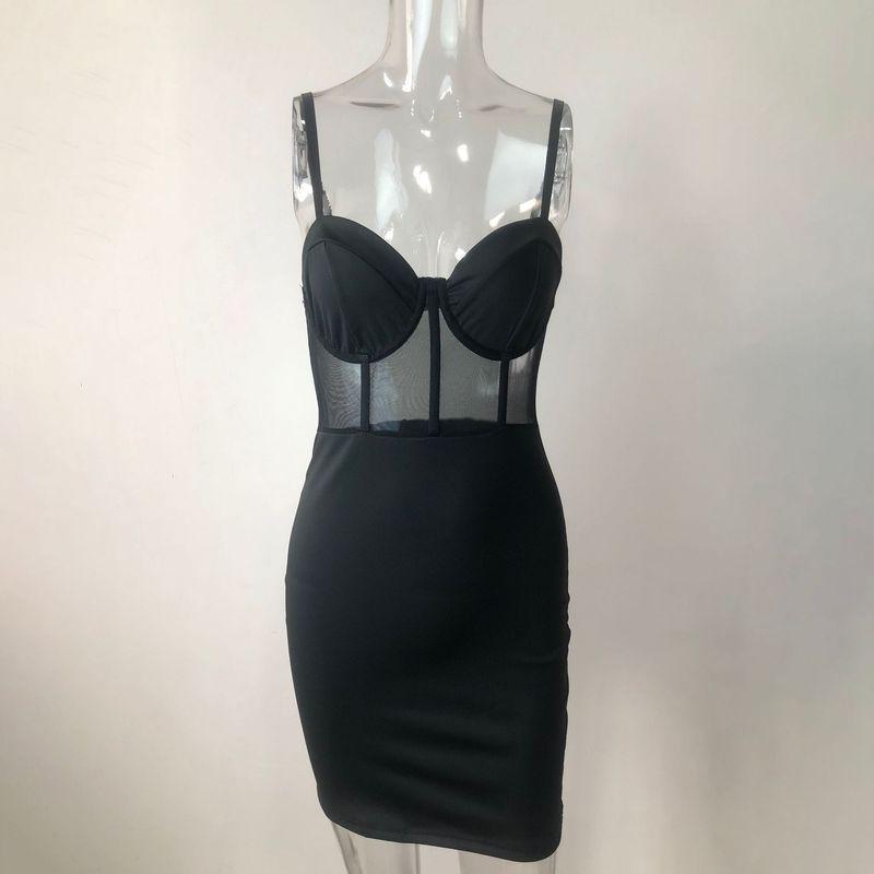 

INS Cross-Border Amazon Hot-Selling New Arrival Sexy Splicing Sling Perspective Steel Ring Fishbone Sheath Dress Black XS