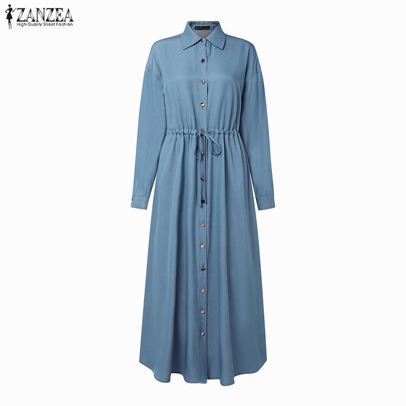 ZANZEA Women Casual Turn Down Collar Loose Long Sleeve Dress