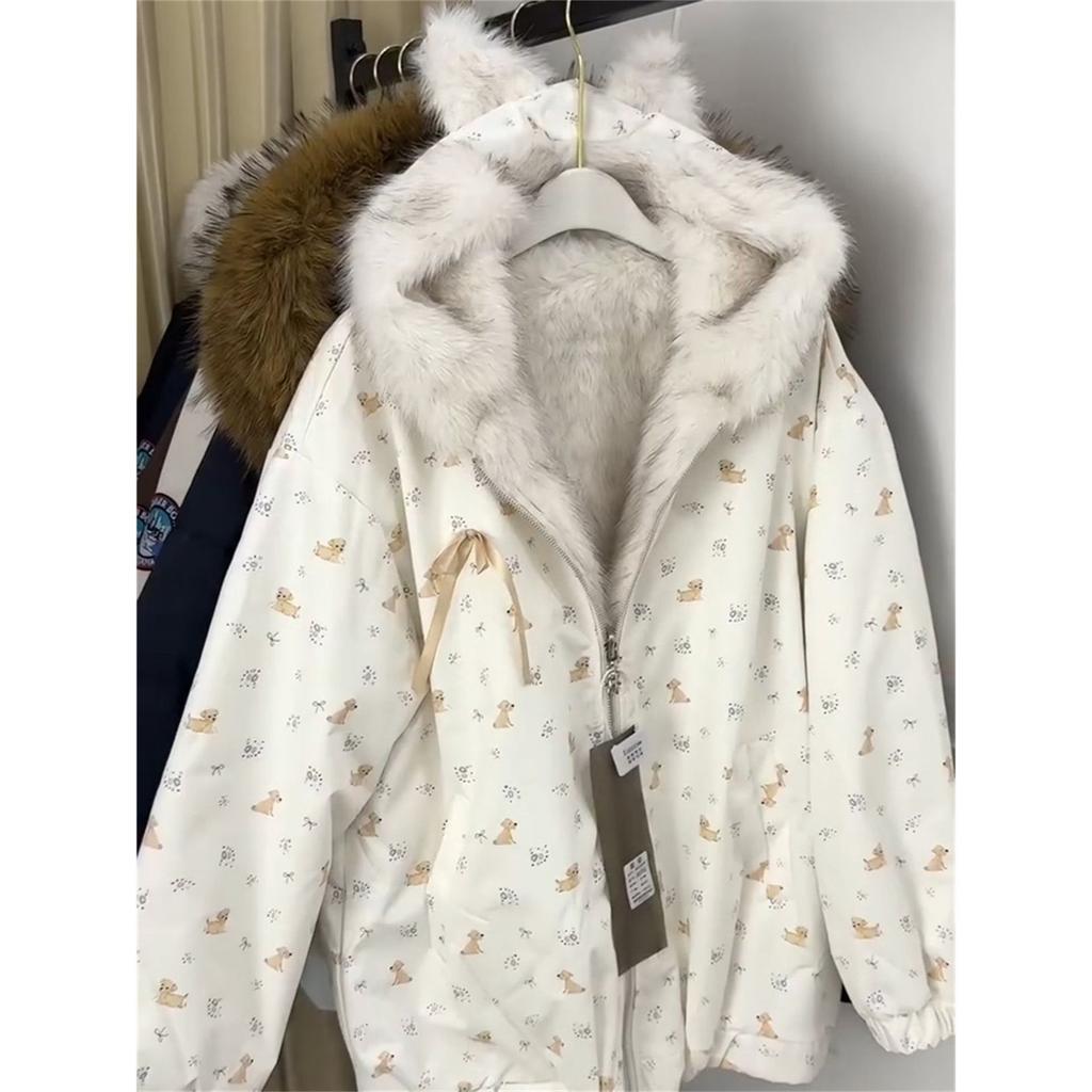 Winter new ear hooded warm furry coat winter cute puppy print double-sided cotton coat