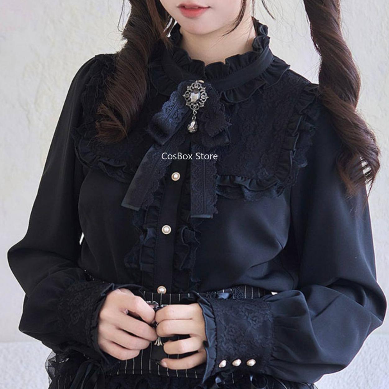 Jirai Kei Prinses Mouwen Strik Kant Blouse Gothic Lolita Donker Set Zwarte Hoge Taille Rok Dames Zoete Kawaii Stijl Japanse Stijl XL black