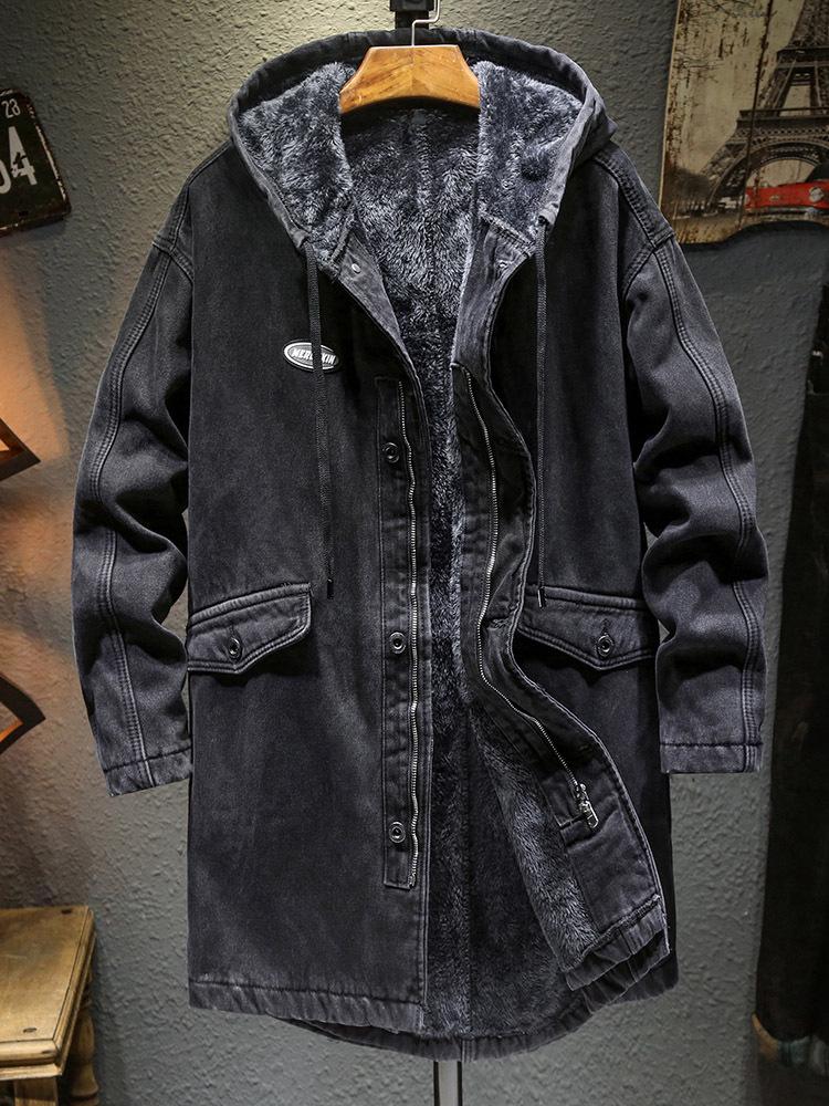 Men's Winter Hooded Denim Jacket - Loose, Large-Size, Mid-Length, Thick Warm Cotton Coat
