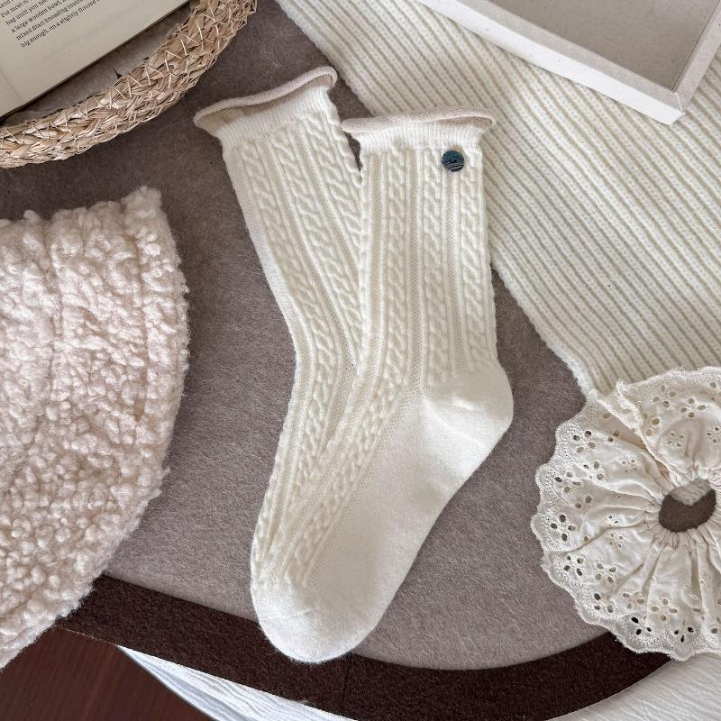 Autumn and Winter Warm Fleece Wool Twisted Mid-calf Socks with Contrasting Colors, Rolled Edges and Cuffs, Versatile and Thickened Warm Pile Socks