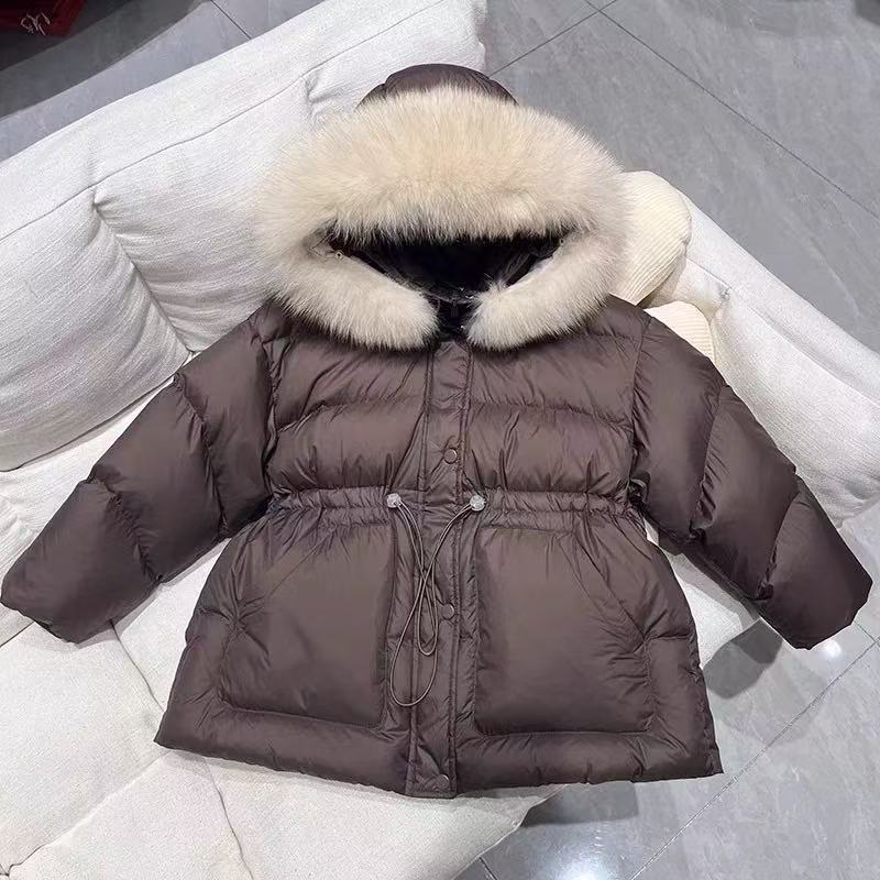 Comfortable  Winter Clothing Girls Thickened Warm Hooded Large Hairy Collar Casual Cotton Jacket Children's Waist Cotton Coat