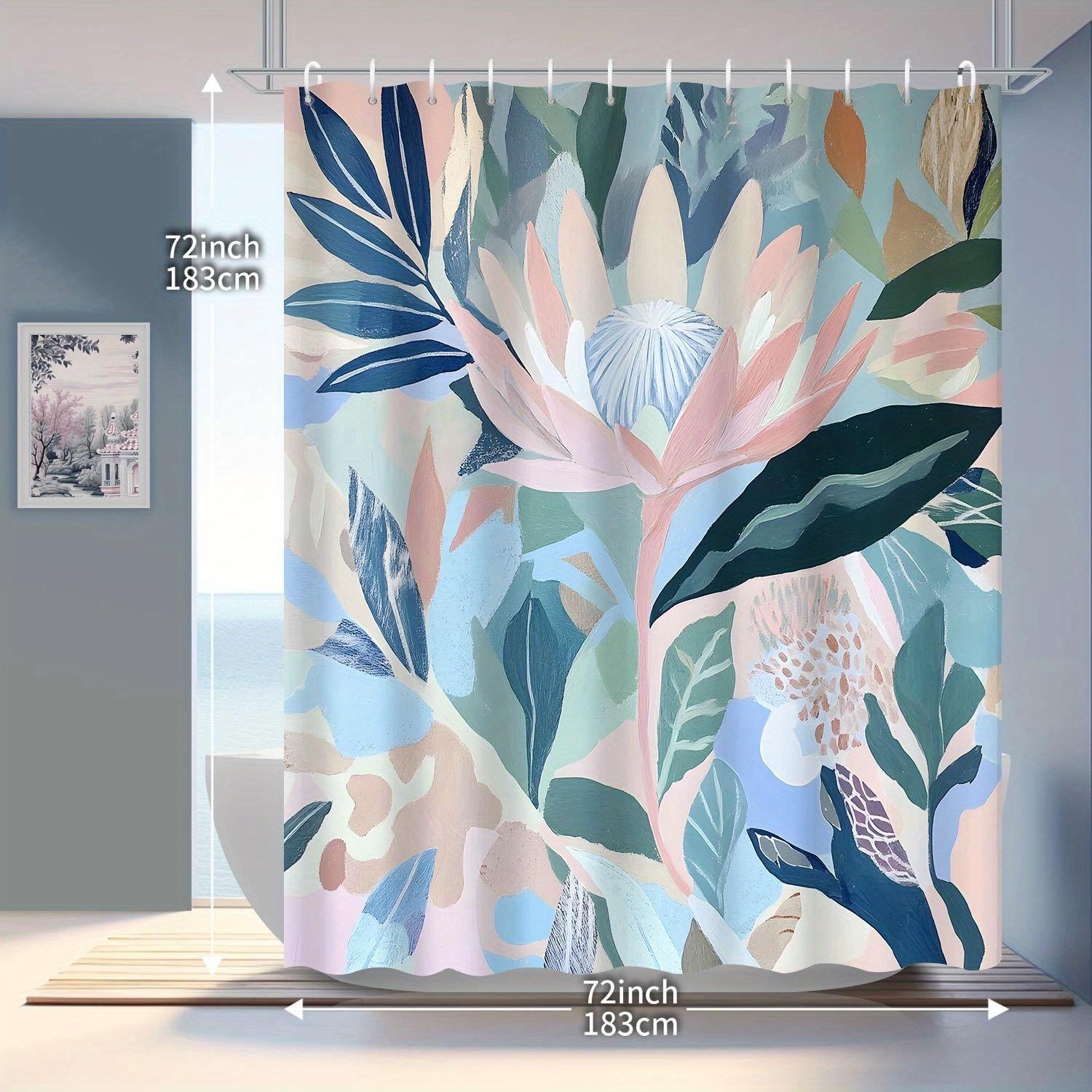 1pc Modern Pink Floral Plant Shower Curtain – Artistic Design with 12 Hooks, for Bathroom Decor W90xH180cm