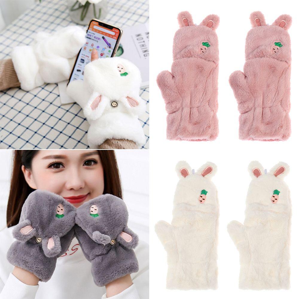 Fashion Touch Screen Gloves Soft Warm Mittens Faux Rabbit Hair Gloves Plush Thick Half Finger
