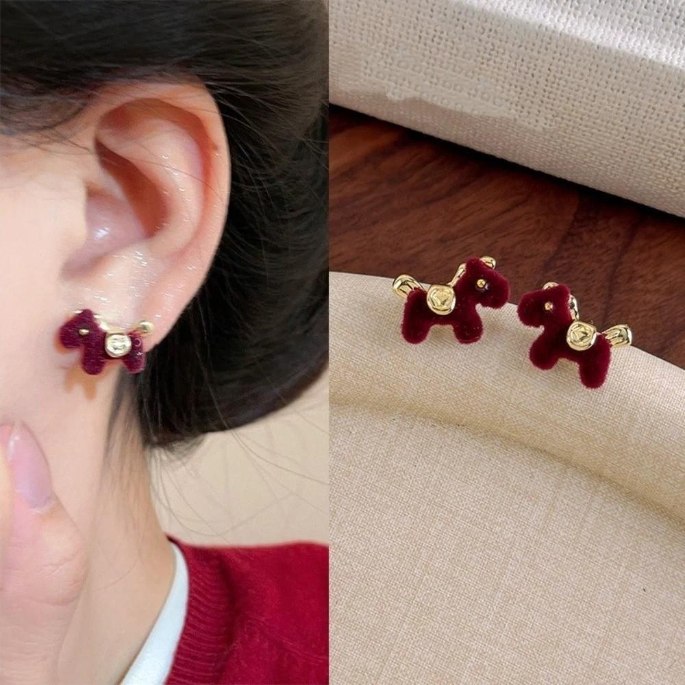 Cartoon Chinese Horse Stud Earrings Velvet Pony Zodiac Horse Pony Earrings  New Year Gift