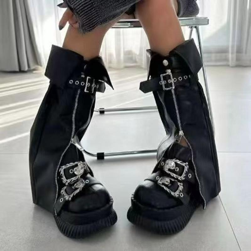 Harajuku Leather Leg Warmers Gothic Punk Long Socks Zippers Leg Sleeve Gaiters Goth Winter Warm Ankle Heap Socks Gifts