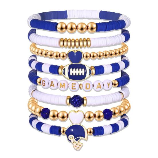 Game Day Bracelets Stackable Sports Football Charm Bracelets Elasticated Football Themed Bracelets Set for Women Men Football Fans Boho Summer