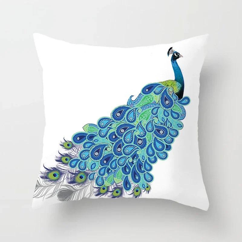 Peacock Feather Pattern Polyester Cushion Cover Throw Pillow Decorative Cushion Pillow Cover Sofa Decorative Pillow Cover