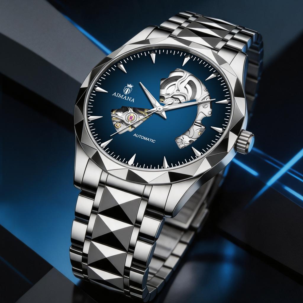 Men Business Automatic Mechanical Wrist Watch Hollow Skeleton Dial Steel Band Watch Luminous Hands Waterproof