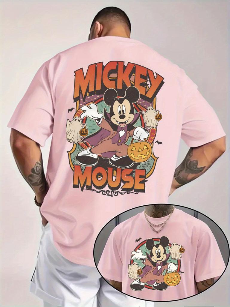 2025 Disney Halloween Mickey Mouse and Ghost Pattern Men's T-Shirt Pumpkin and Bat Design Ghost 100% Pure Cotton Printed T-shirt
