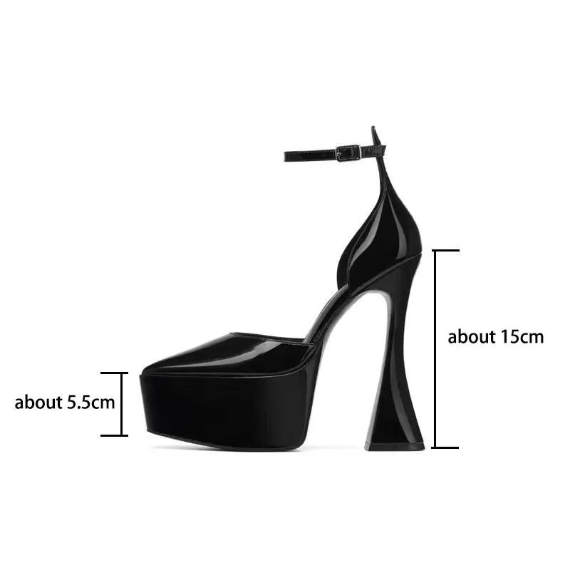 Pointed Toe Shallow Platform Women Sandals Sexy Shiny Patent Leather Ankle Strap High Heels 2025 High Quality Black/pink Pumps