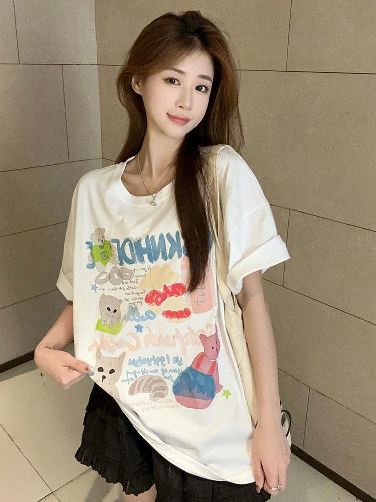 Plus-Size Pure Cotton Graffiti T-Shirt: XL, Short-Sleeve, Loose Fit, Casual, Youthful Style for Female Students.