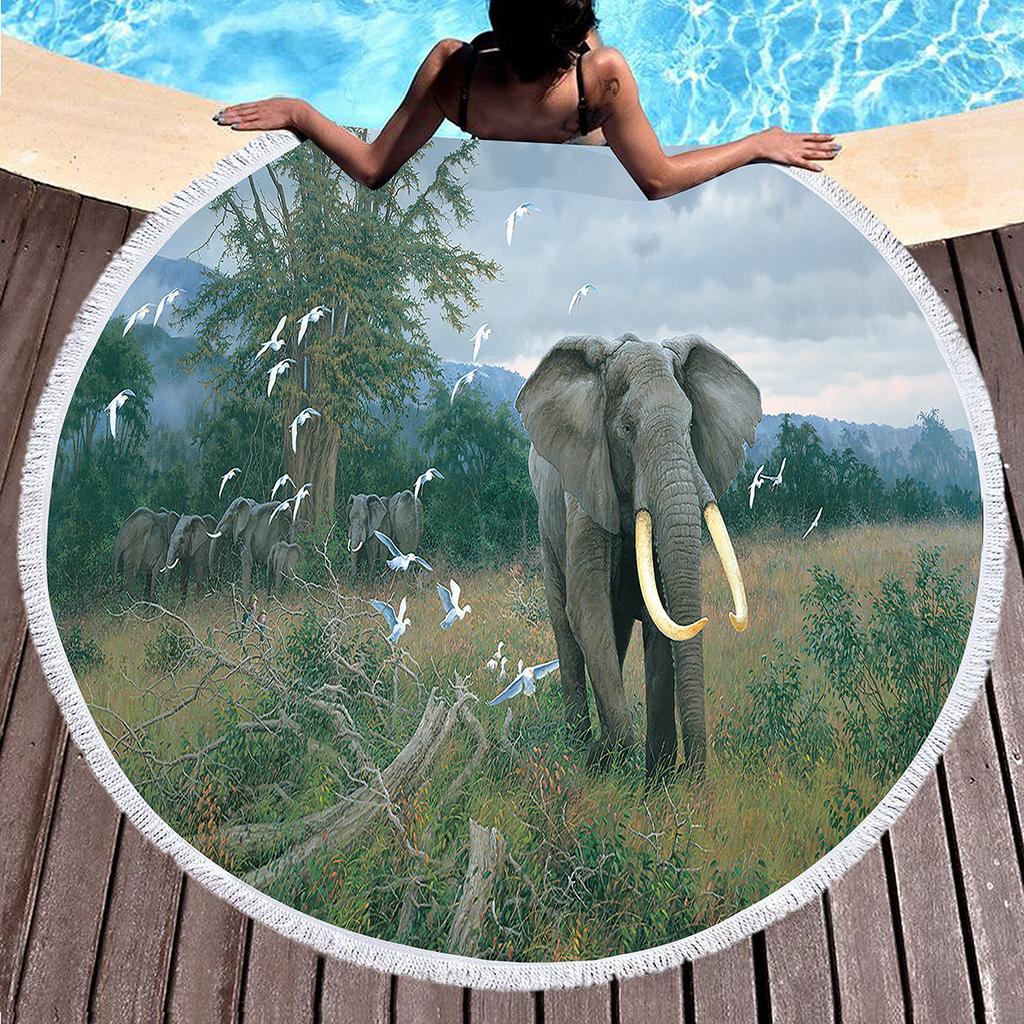 Wild Animal Elephant Round Beach Towel with Tassels Microfiber Soft Absorbent Quick Dry Sand Proof Towel For Picnic Camping Yoga