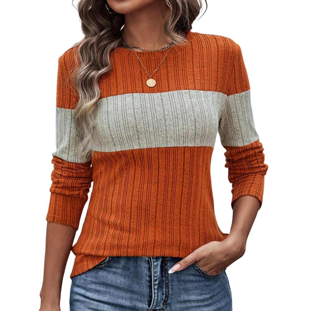 Women T-shirt Round Neck Long Sleeve T-Shirt Striped Contrast Color Slim Fit Pullover Tops Daily Wear
