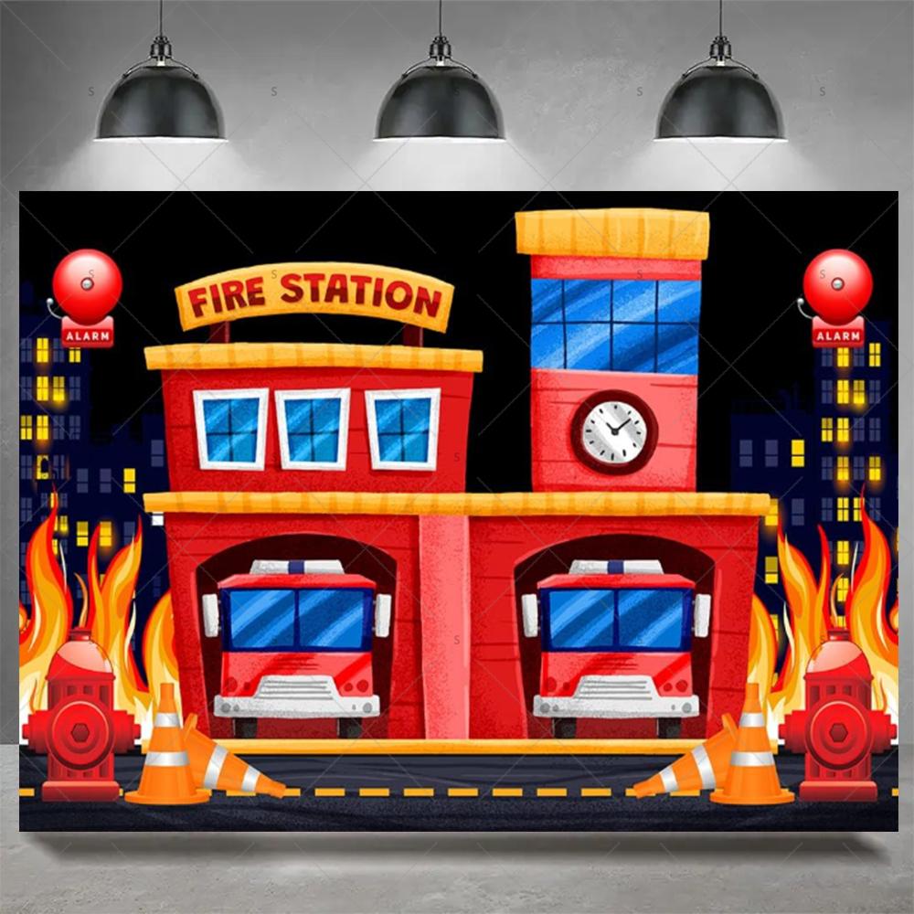 Firefighter Firetruck Theme BackgroundRed Fire Truck Children Boy Birthday Party Decor Baby Shower Photography Backdrop Props