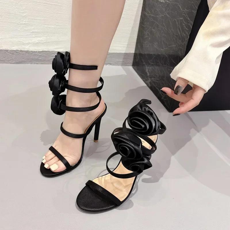 Fashion Elegant Women Wedding Banquet Shoes Fashion Silk Flowers Designer Sandalias De Mujer Open Toe Slip on Ankle Strap High Heels