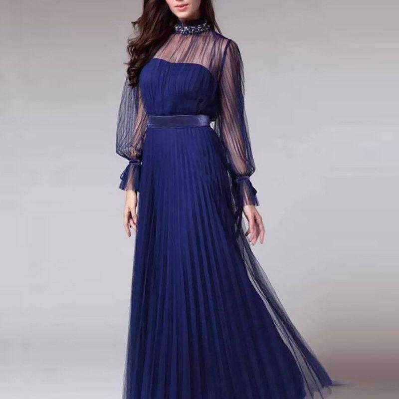 

2025 Cross-Border Spring and Summer New European and American Women s Fashion Mesh Elegant Long-Sleeve Dress Annual Party Banquet Evening Gown Dress Sc2030 Blue S
