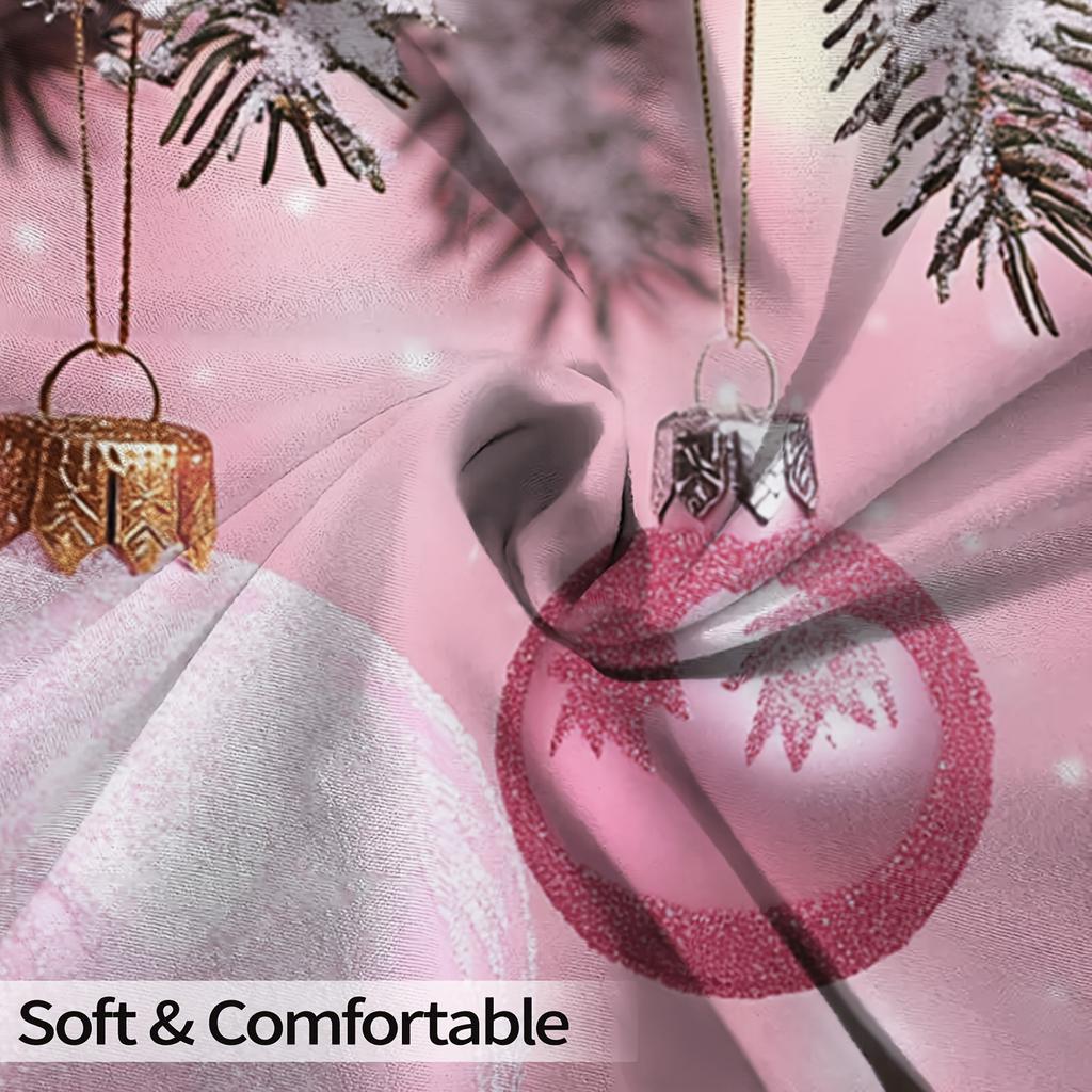 3pcs Pink Christmas Baubles Duvet Cover Set - Festive Holiday Design with Golden Balls & Snowflakes, Breathable Polyester