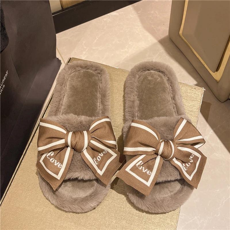 Fashion Casual Fluffy Slippers Women House Flats Elegant Love Bowknot Designer Shoes Ladies Indoor New Winter Fashion Platform Footwear