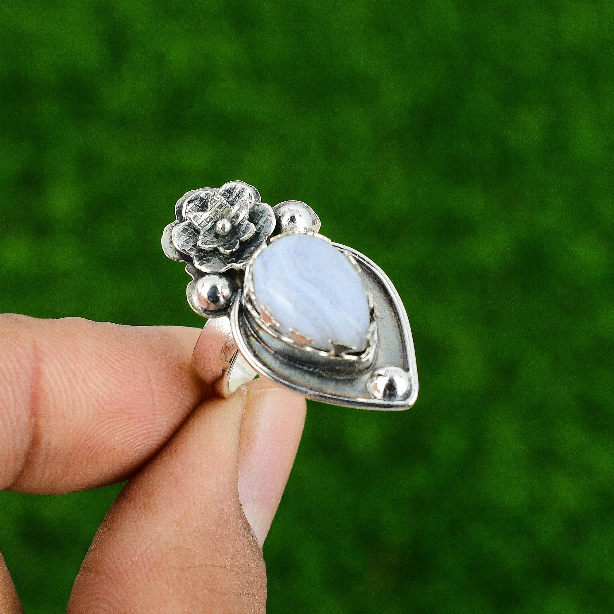 

Gift For Her 925 Silver Natural Blue Lace Agate Statement Flower Adjustable Ring Adjustable