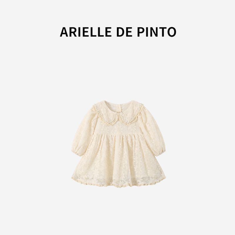 French Arielle De Pinto Autumn Girls  Pearl Collar Lace Dress Fashionable Children s Dress Autumn Outfit Beige 90cm