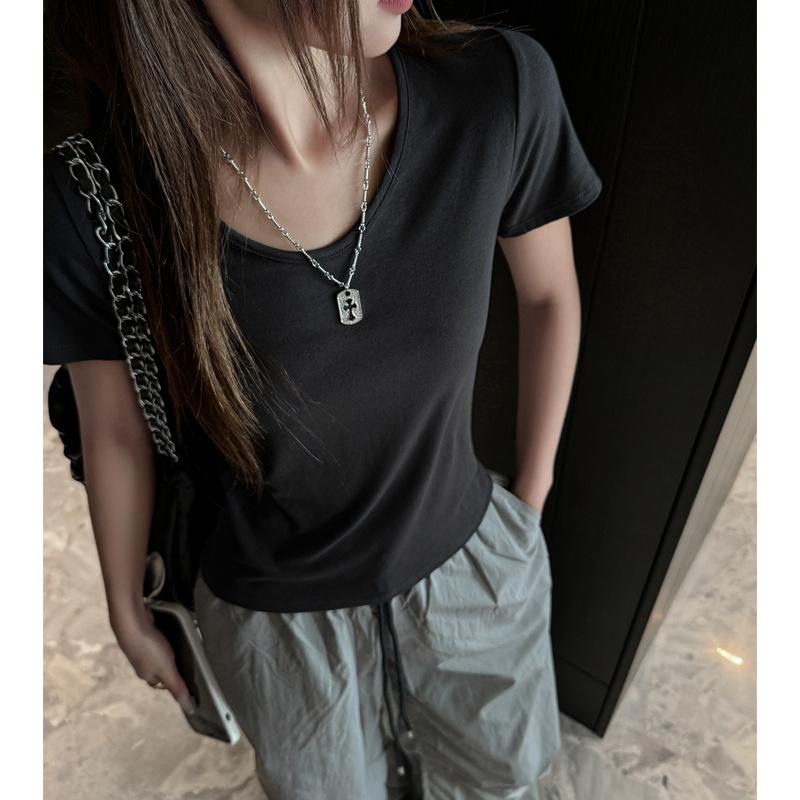 

Modal v-neck slim-fit top design sense front shoulder short-sleeved t-shirt women s summer new thin Korean women s top s (suitable for weight 35-47.5kg ) чёрный