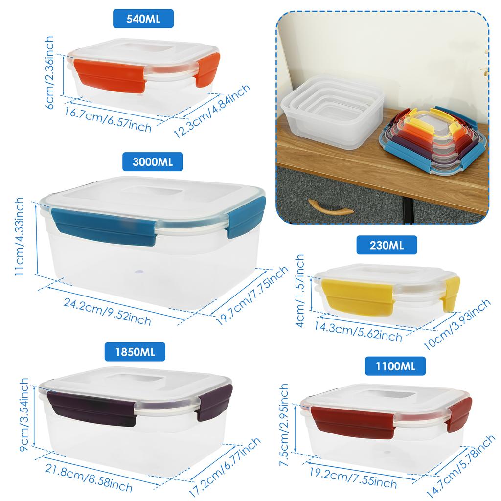 5Pcs Kitchen Food Contianers Set Refrigerator Safe BPA FREE PP Food Storage Box Well Sealed Container Keep Fresh Food Bread Cake