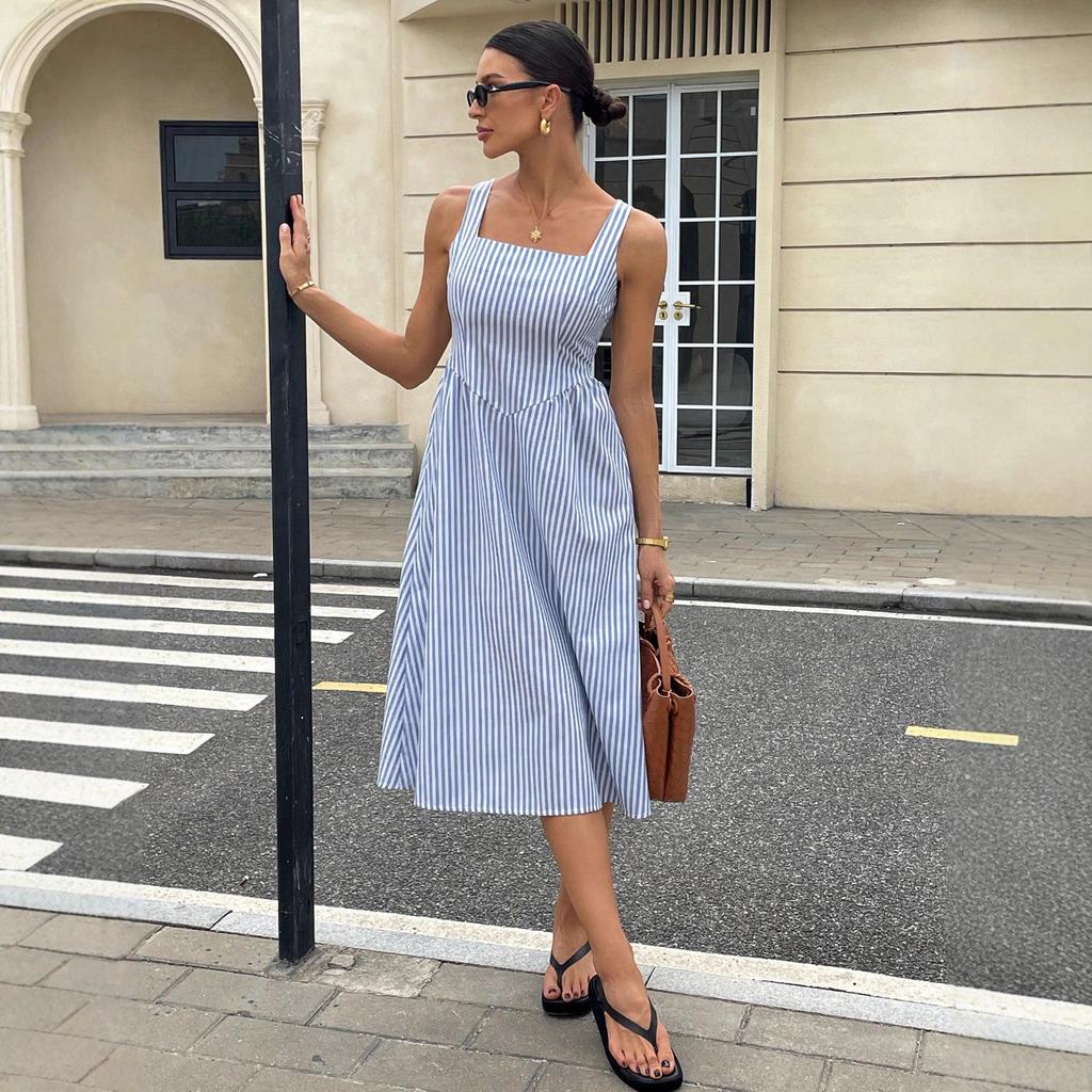 Women's Sleeveless Square Neck Striped Midi Dress