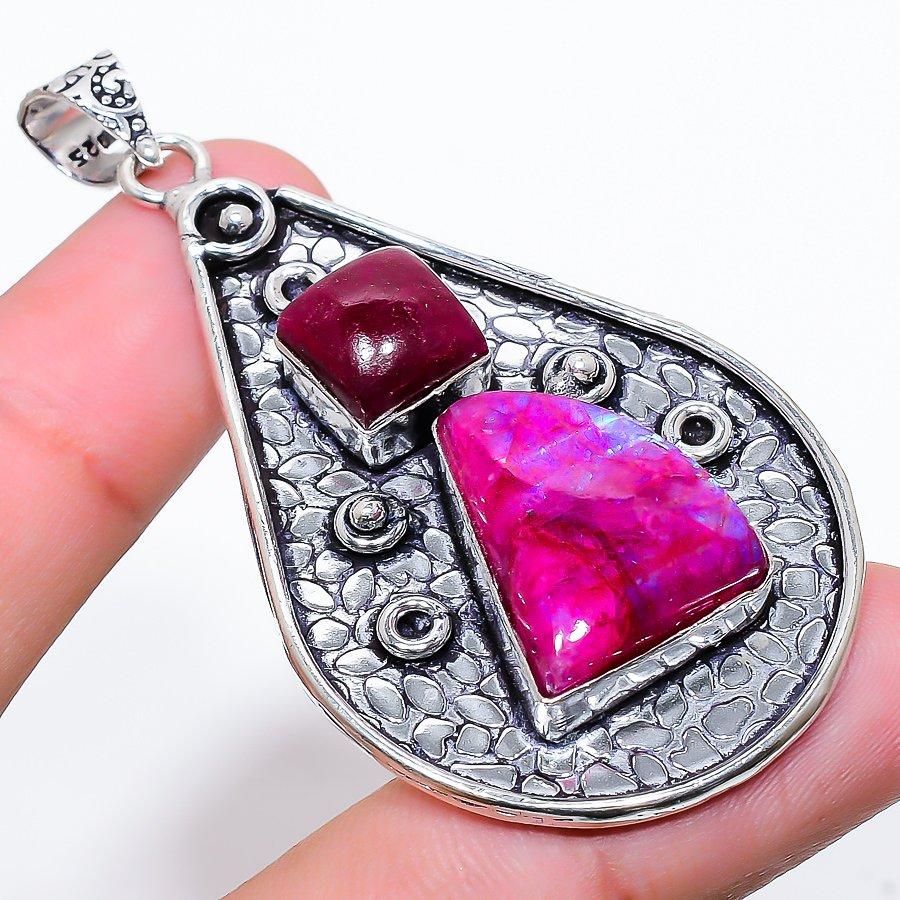 

Подвеска из натурального розового лунного камня и красного нефрита из стерлингового серебра 925 пробы 2,56 дюйма c7W50