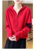 Women's Striped Color Block Hooded Cashmere Cardigan - Autumn/Winter Loose Casual 100% Pure Wool Jacket